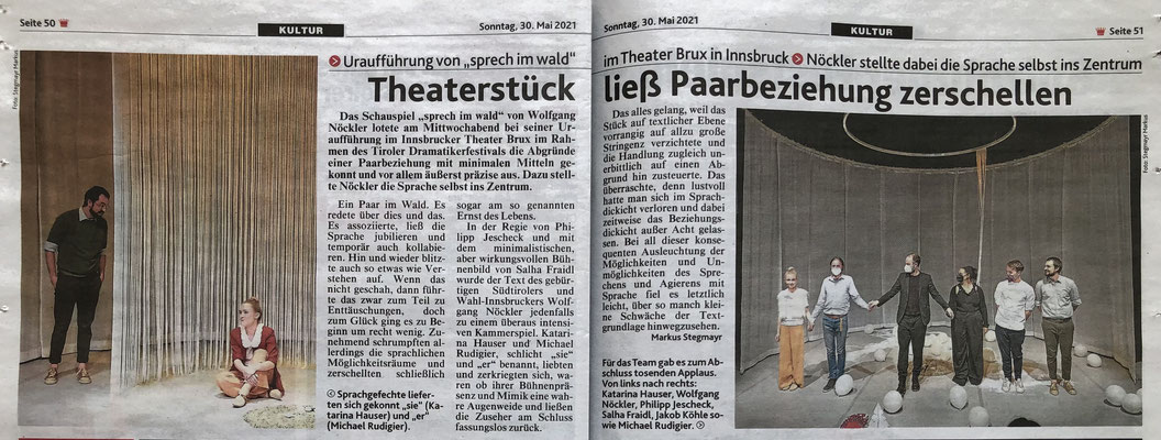 Theaterkritik von Markus Stegmayr, Kronen Zeitung 30.05.2021 (Printausgabe) sprechimwald_krone